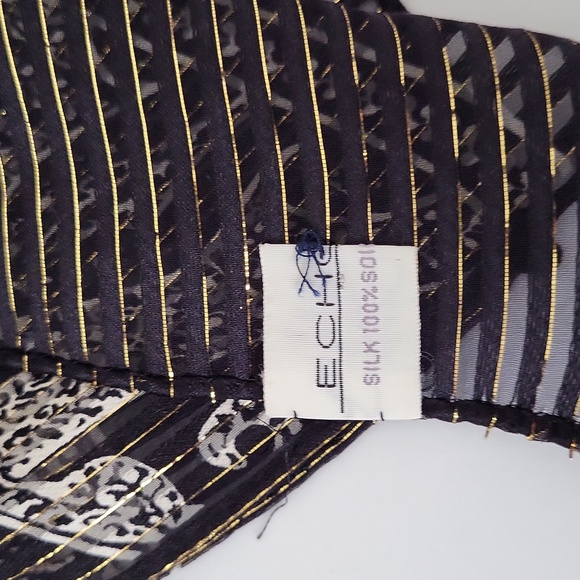 ECHO Paisley Silk Scarf Black White & Gold metallic pin stripe 16”x 59” - Picture 6 of 7